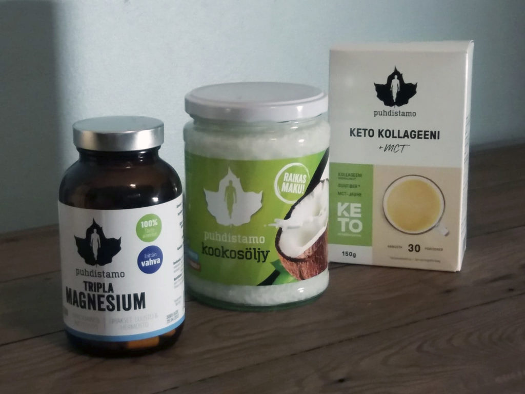 Puhdistamon Tripla magnesium, kookosöljy ja keto kollageeni rivissä. 