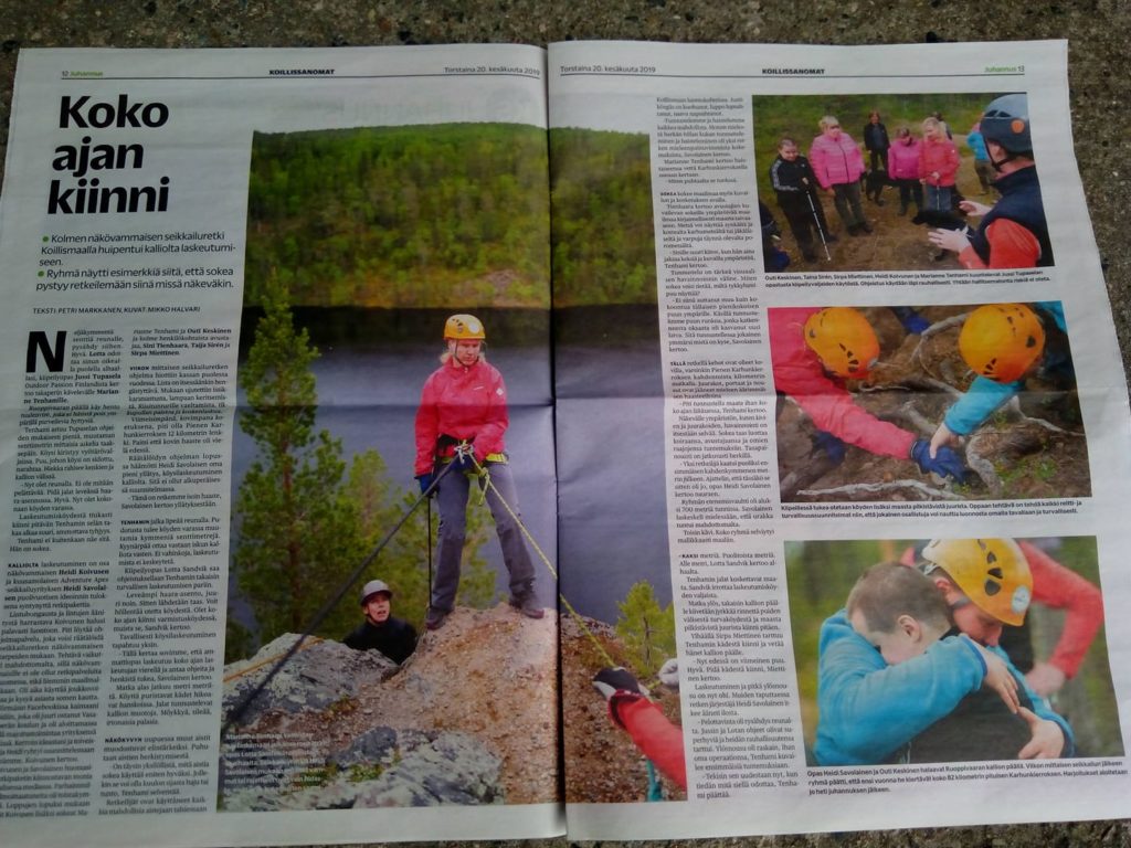 Koko sivun artikkeli Koillis-Sanomissa jossa on neljä isoa kuvaa kalliolaskeutumisestamme. 