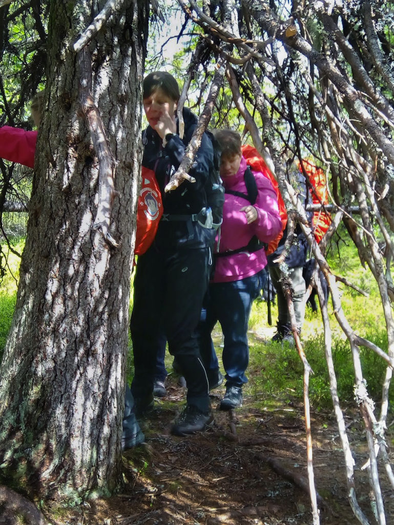 Tiivistä tunnelmaa tapionpöydäksi kutsutun vanhan metsäkuusen oksiston suojissa. Puun vaakatasossa kasvavat oksat muodostavat ikäänkuin majan. Puuta tutkimassa Sini, Heidi ja Marianne. 