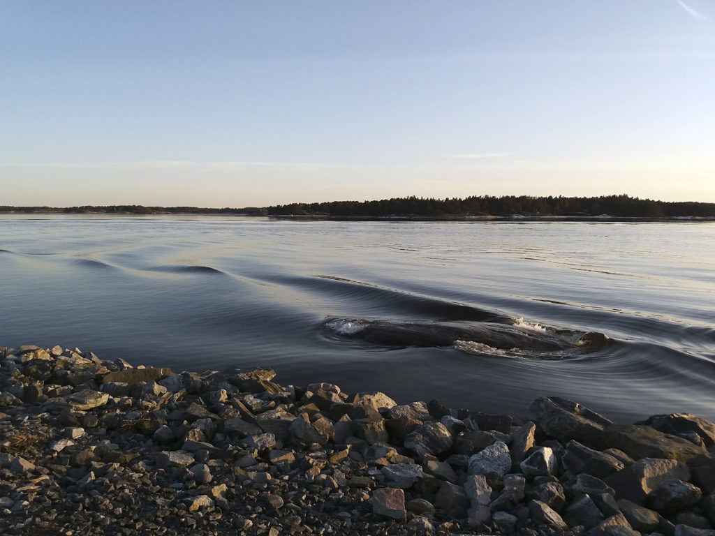 Alkavan illan viistossa lempeässä valossa aallon soljuva viiva lähestyy rannan kivikkoa. Horisontista nousee illan pastellinvärinen auer taivaan sineen. 